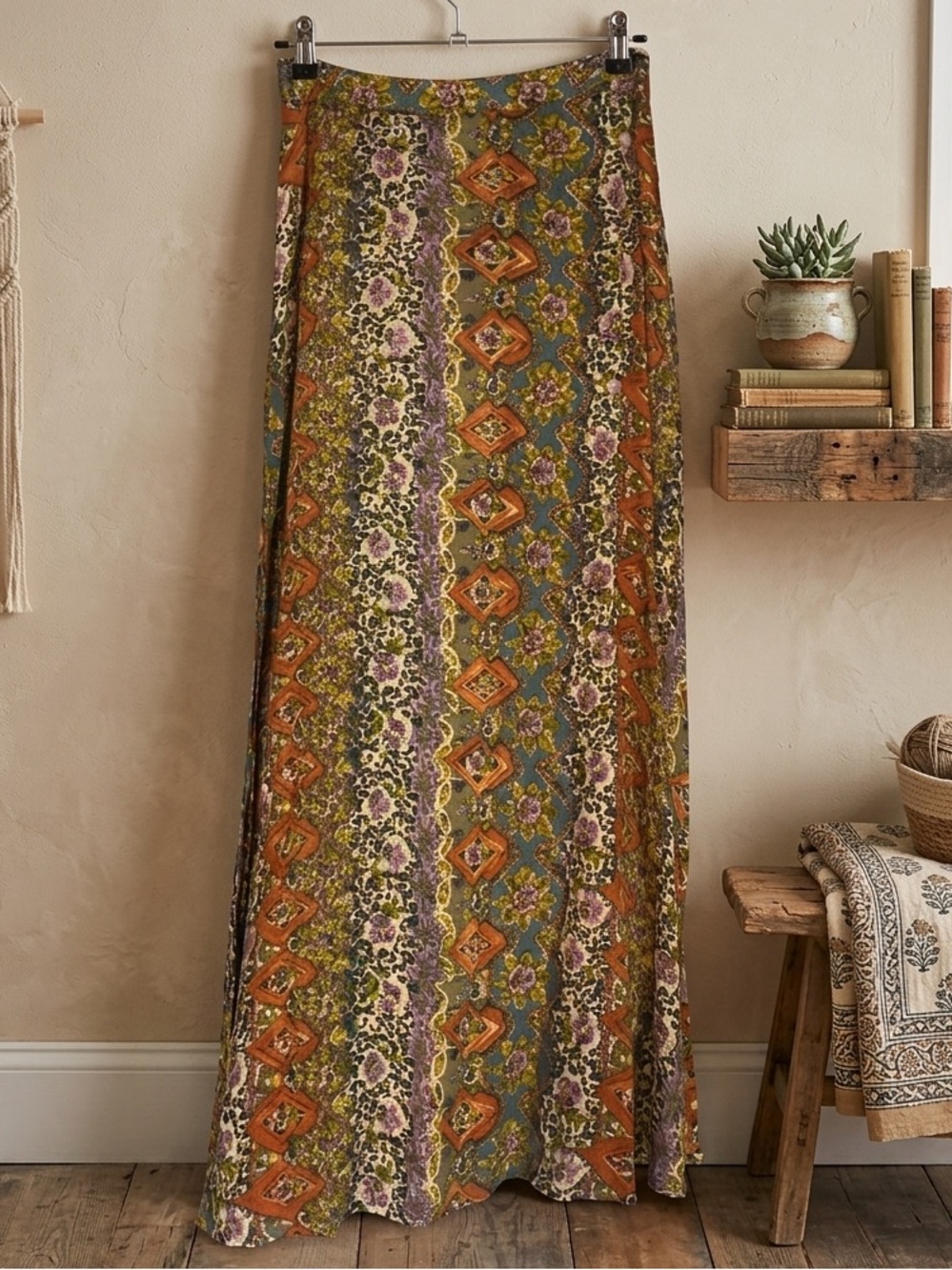 Natural Life Ginger Side Slit Maxi Skirt Boho Mixed Floral Earthy Size XS